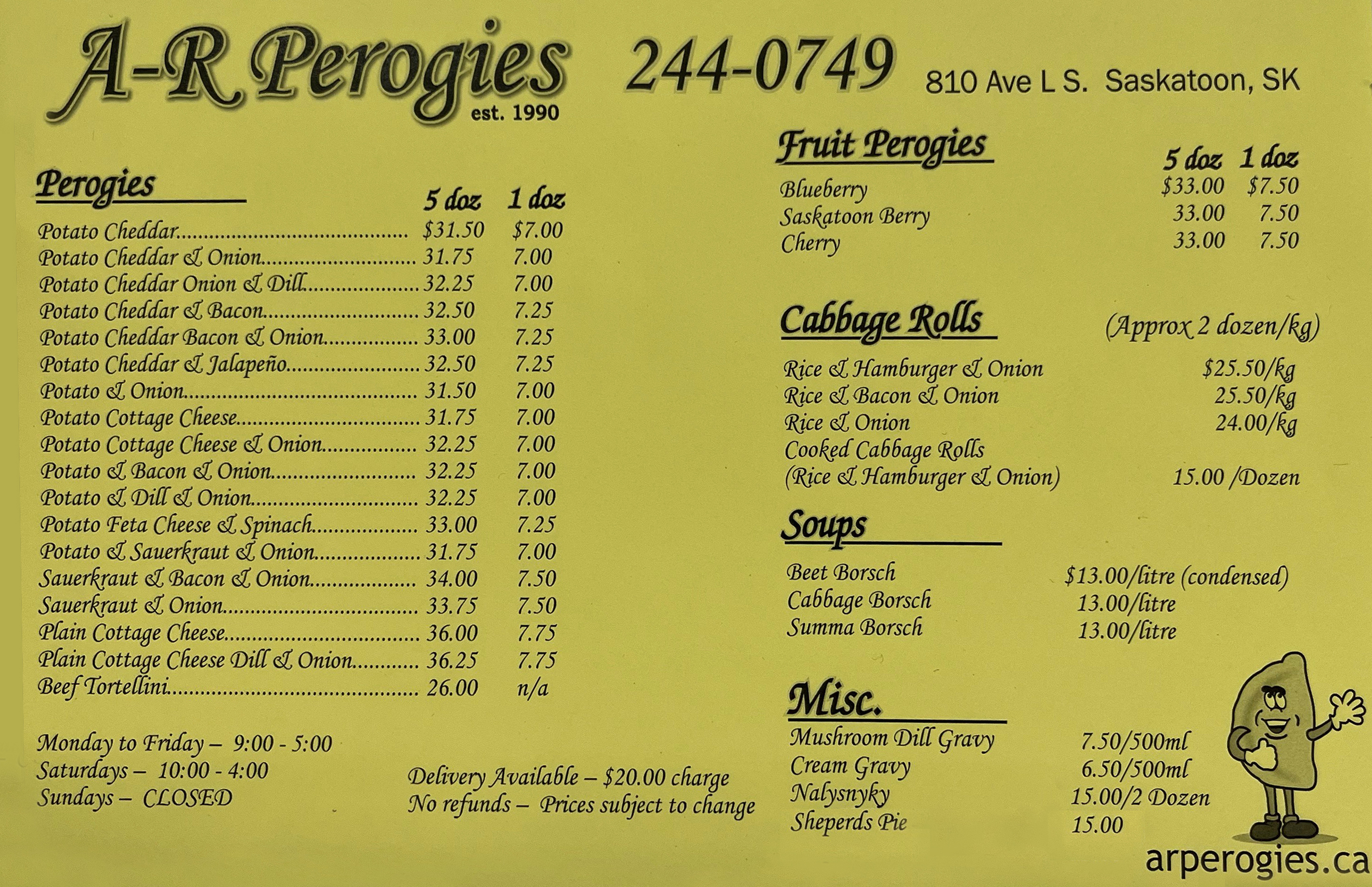 Menu at A-R Perogies